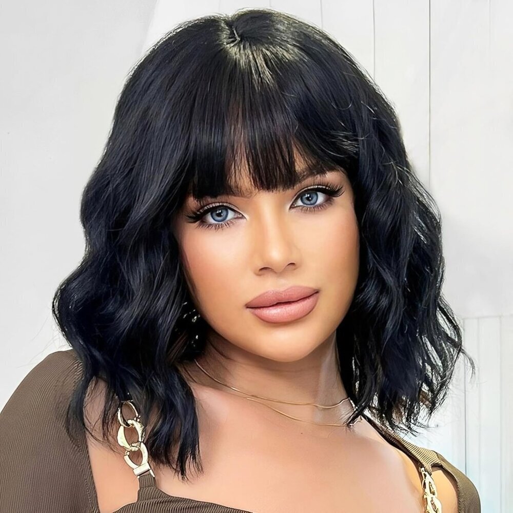 Women's Black 14 Inches Short Pastel Curly Shoulder Length Synthetic Wig